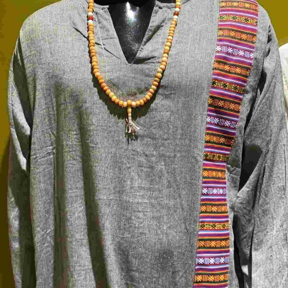 Cotton Bhutani Trim Long-Sleeve V-Neck Tunic - Solid (Gray)